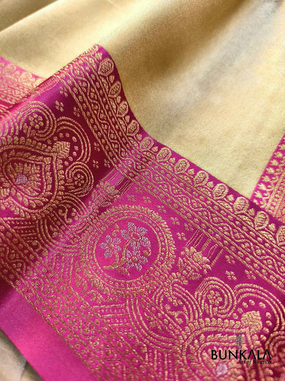 Golden & Pink Plain Contrast Border Weaved Banarasi Tissue Silk Saree