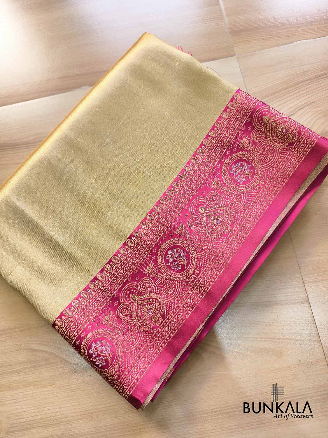 Golden & Pink Plain Contrast Border Weaved Banarasi Tissue Silk Saree