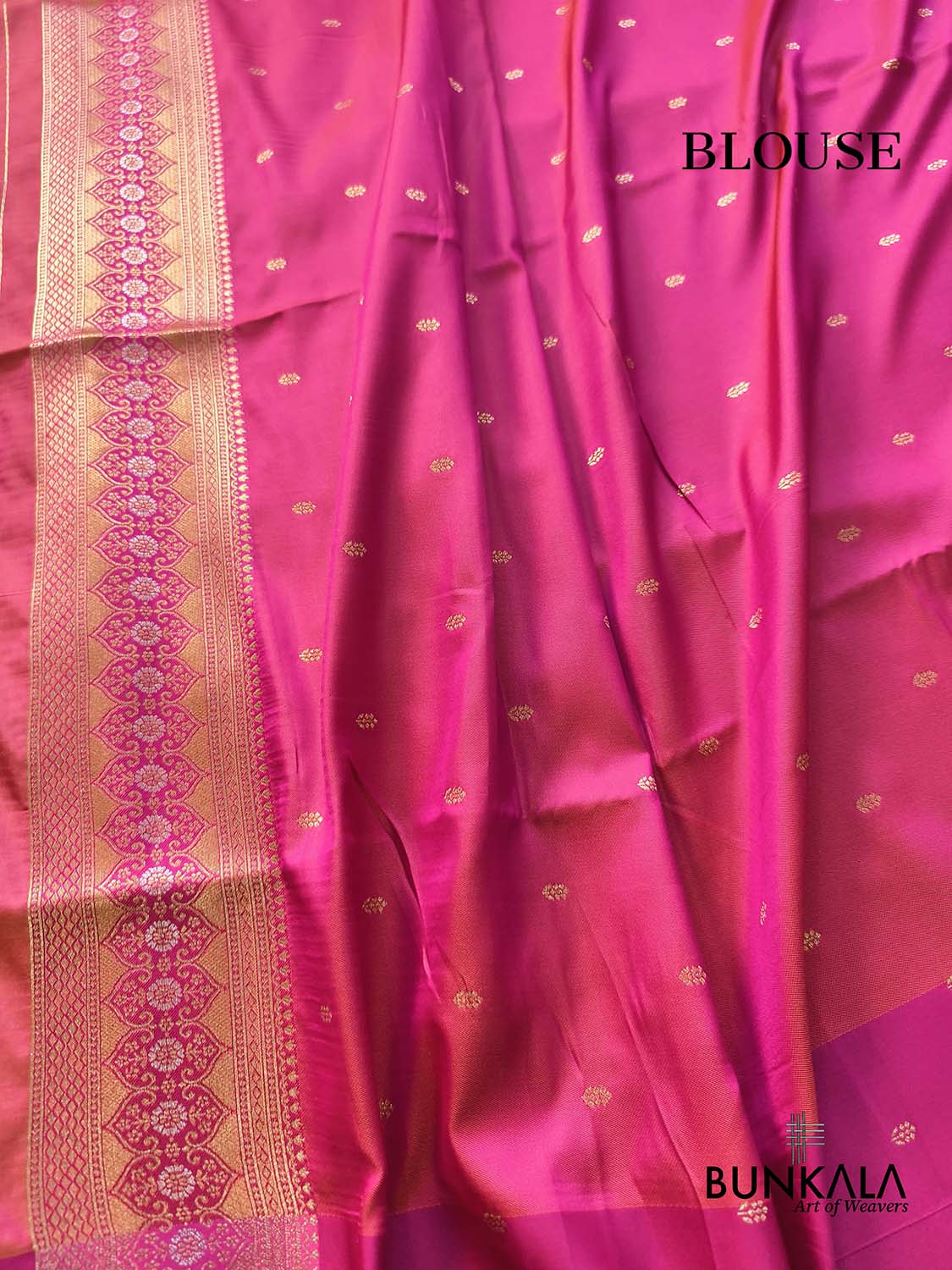 Golden & Pink Plain Contrast Border Weaved Banarasi Tissue Silk Saree
