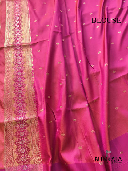 Golden & Pink Plain Contrast Border Weaved Banarasi Tissue Silk Saree