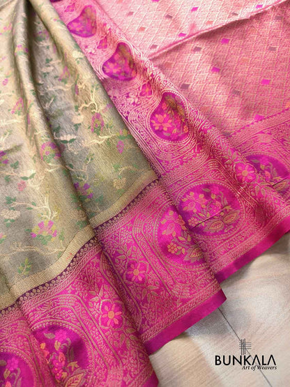 Golden Meenakari Jaal Contrast Border Weaved Banarasi Tissue Silk Saree