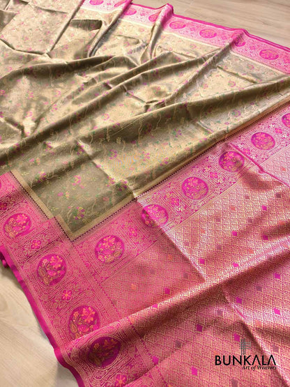 Golden Meenakari Jaal Contrast Border Weaved Banarasi Tissue Silk Saree