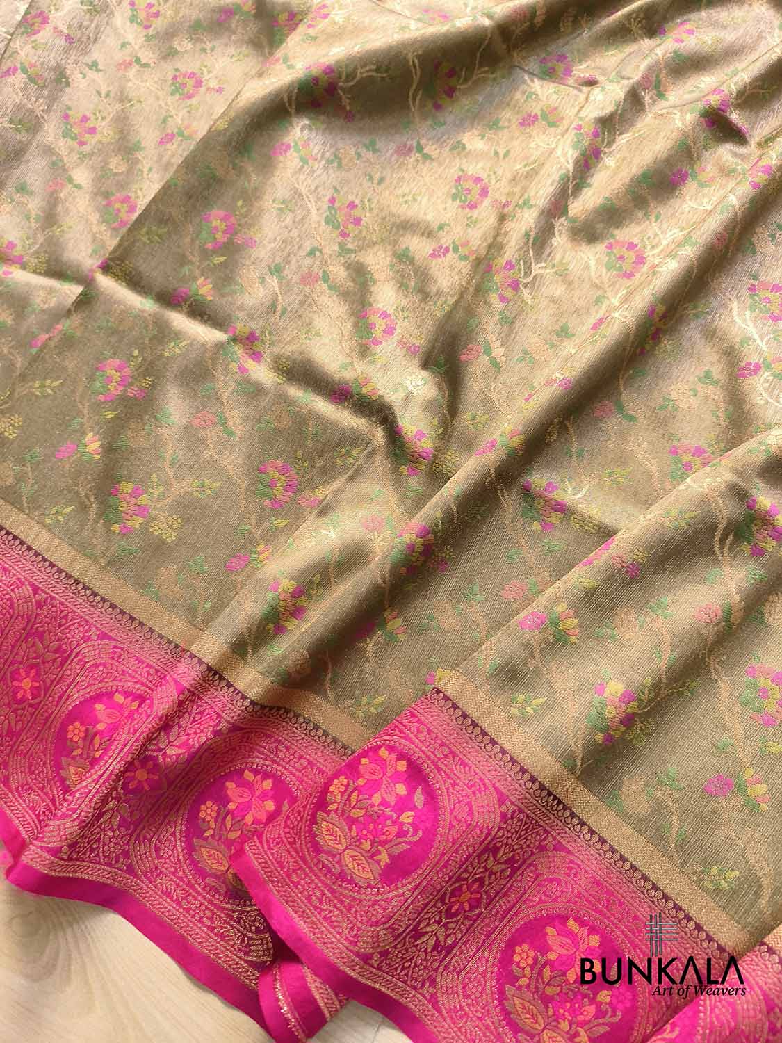 Golden Meenakari Jaal Contrast Border Weaved Banarasi Tissue Silk Saree