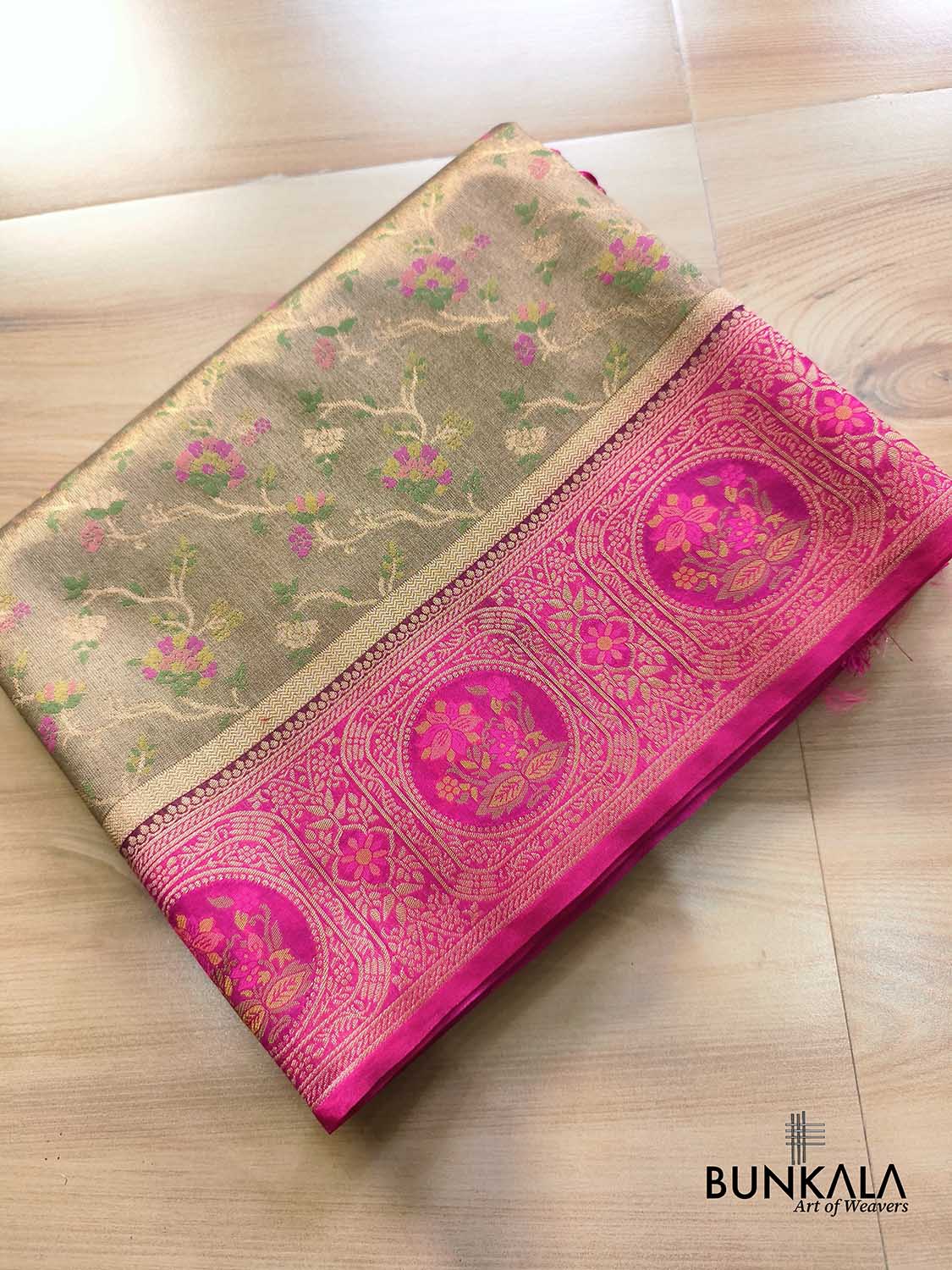 Golden Meenakari Jaal Contrast Border Weaved Banarasi Tissue Silk Saree
