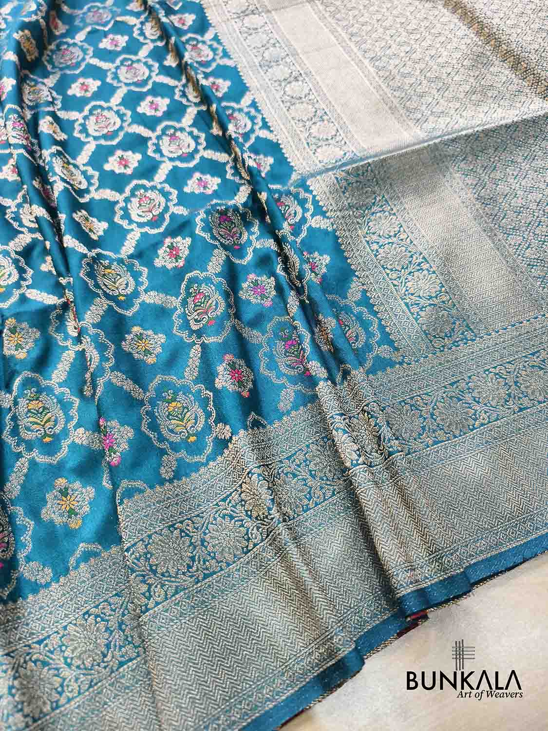 Teal Blue Meenakari Jaal Weaved Banarasi Resham Silk Saree 