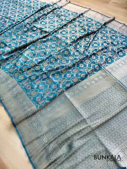 Teal Blue Meenakari Jaal Weaved Banarasi Resham Silk Saree 