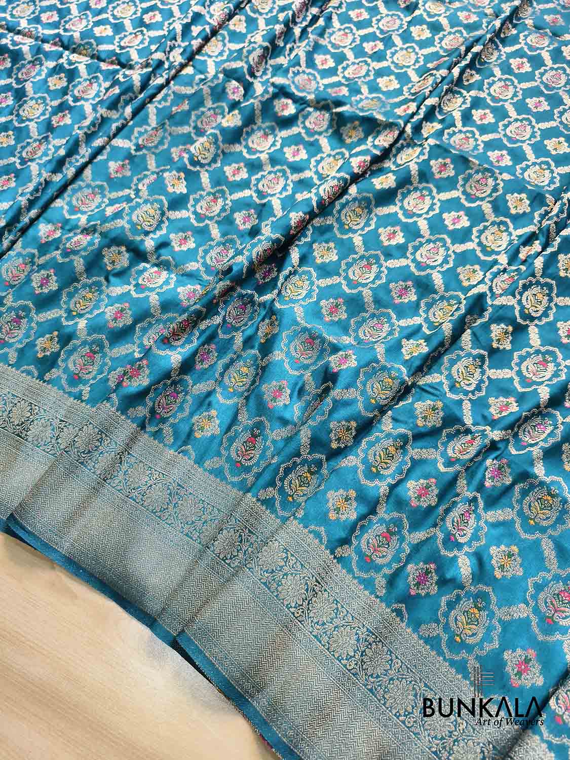 Teal Blue Meenakari Jaal Weaved Banarasi Resham Silk Saree 