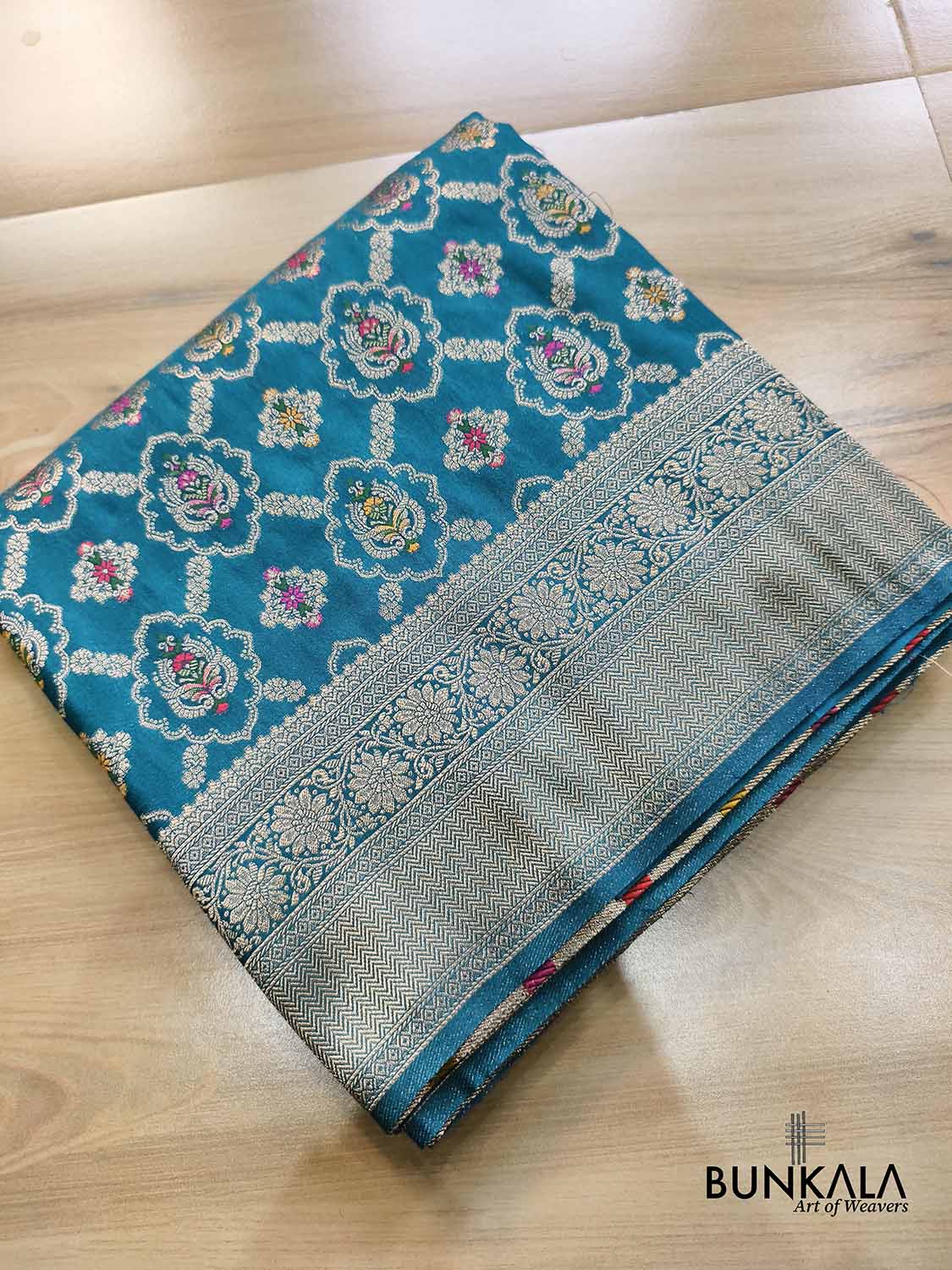 Teal Blue Meenakari Jaal Weaved Banarasi Resham Silk Saree 