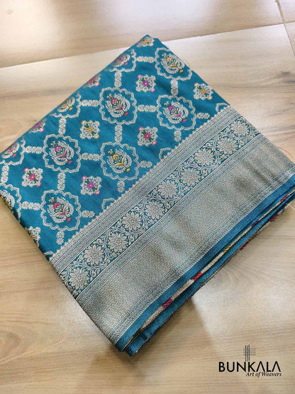 Teal Blue Meenakari Jaal Weaved Banarasi Resham Silk Saree 