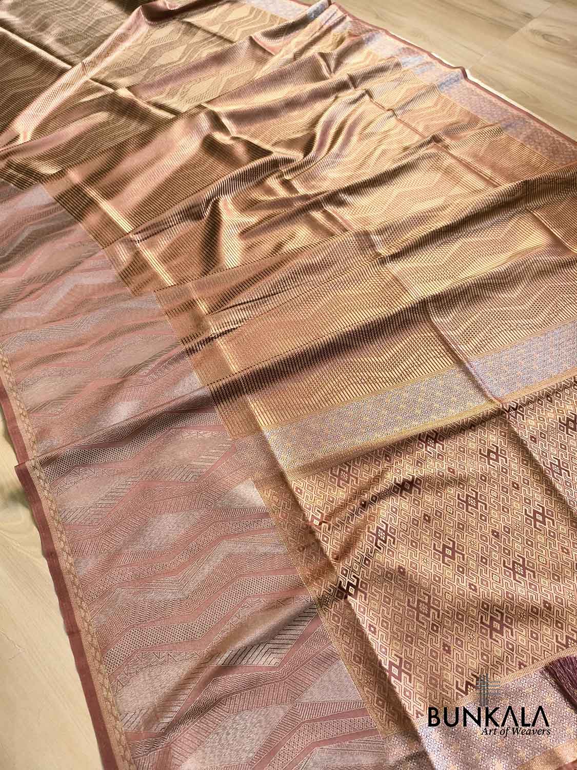 Cheeku Brown Geometrical Zig Zag Weaved Banarasi Mashru Silk Saree