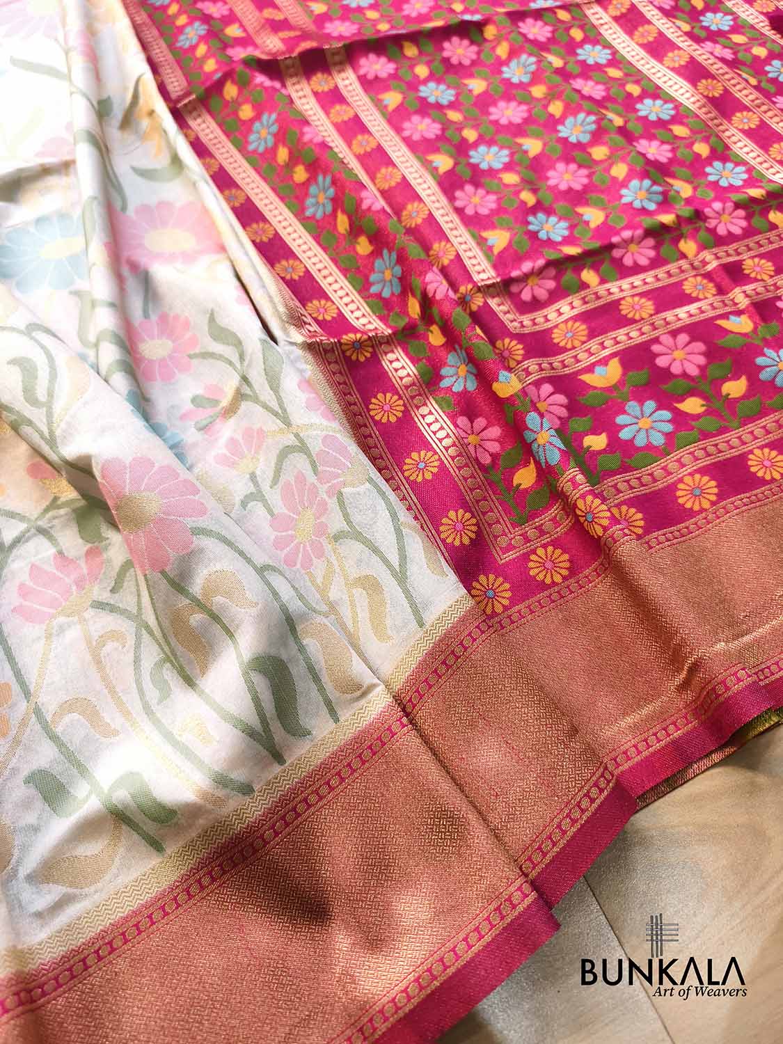 Off White Floral Multi Jaal Weaved Banarasi Resham Silk Saree