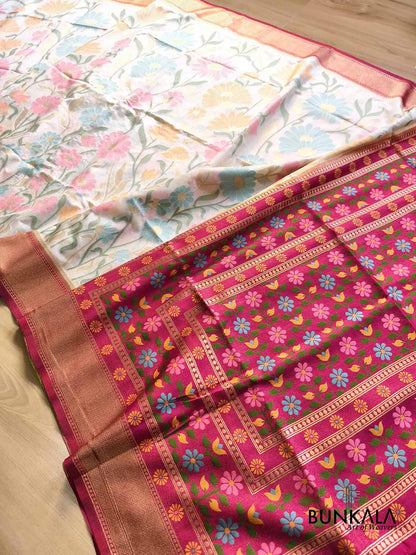 Off White Floral Multi Jaal Weaved Banarasi Resham Silk Saree