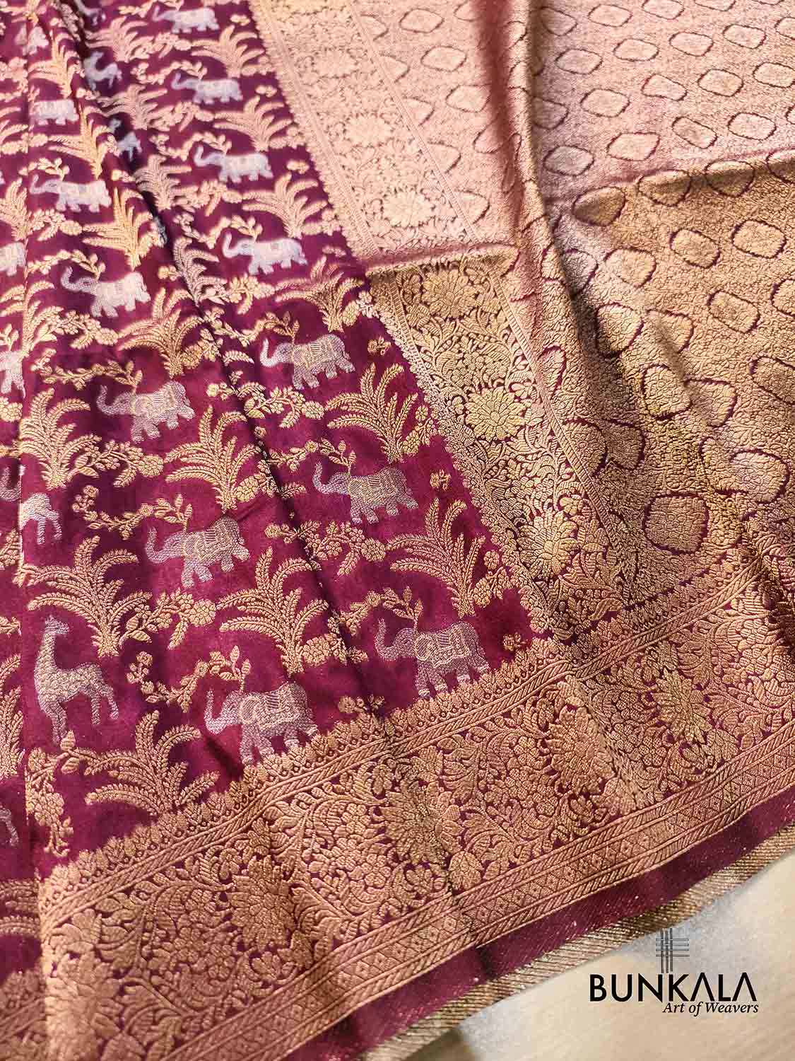Maroon Shikargha Jaal Sona Rupa Weaved Banarasi Resham Silk Saree