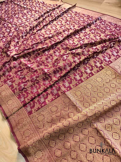 Maroon Shikargha Jaal Sona Rupa Weaved Banarasi Resham Silk Saree