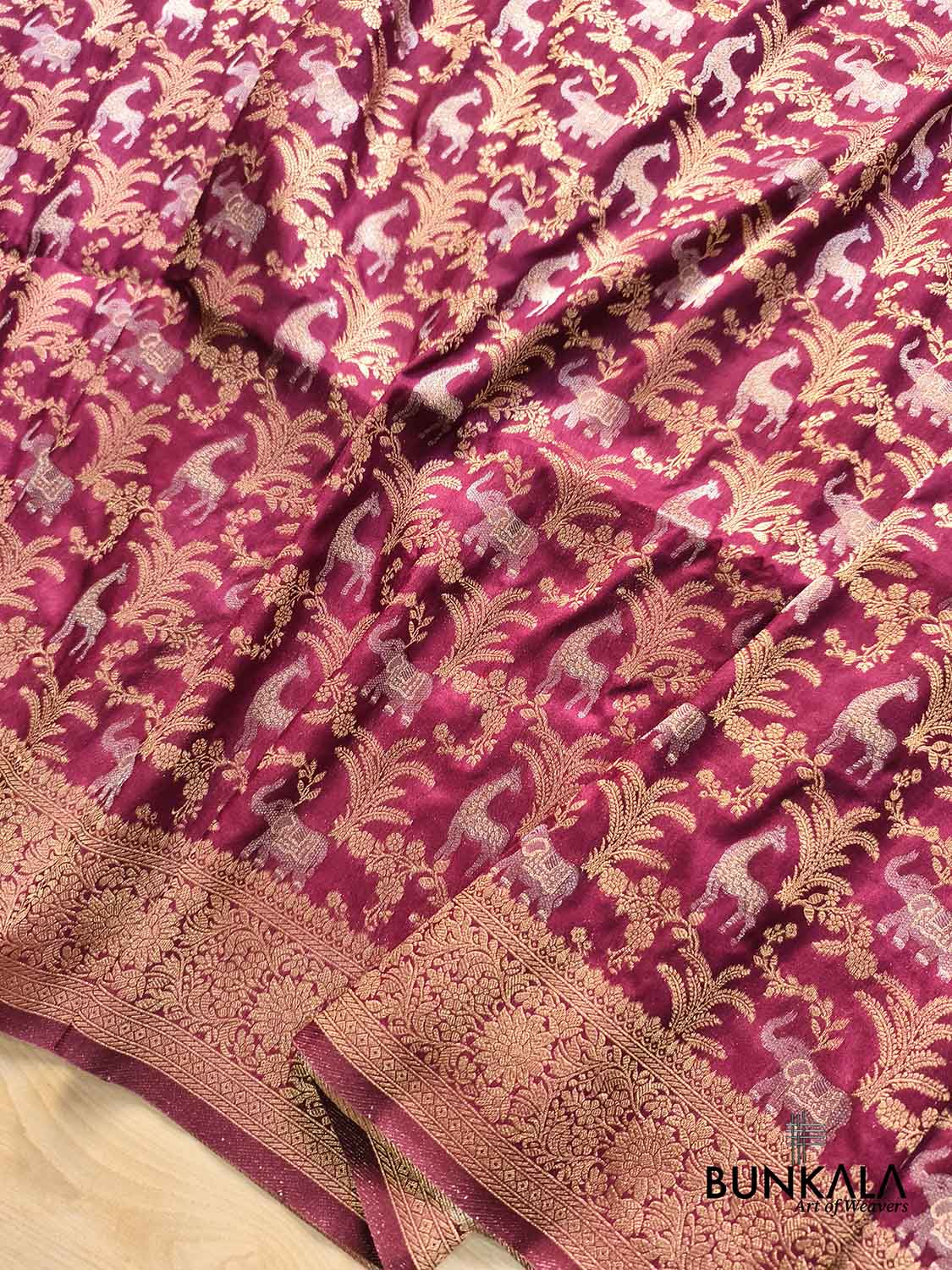 Maroon Shikargha Jaal Sona Rupa Weaved Banarasi Resham Silk Saree