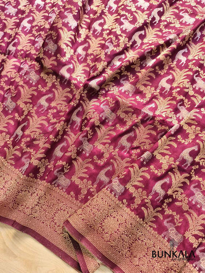 Maroon Shikargha Jaal Sona Rupa Weaved Banarasi Resham Silk Saree
