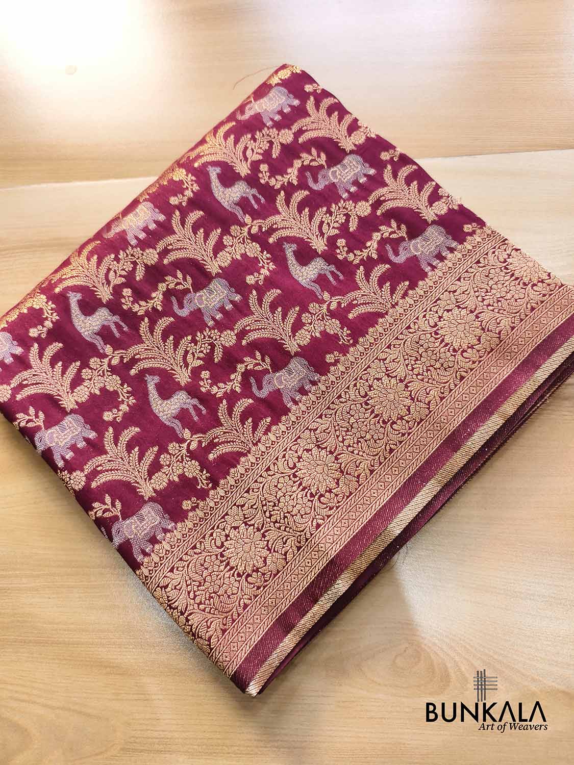 Maroon Shikargha Jaal Sona Rupa Weaved Banarasi Resham Silk Saree