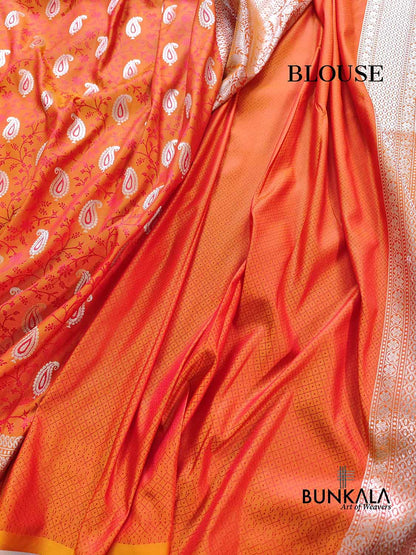 Orange Double Shade Soft Mashru Silk Jamewar Weaved Allover Paisley Buti Design Banarasi Saree
