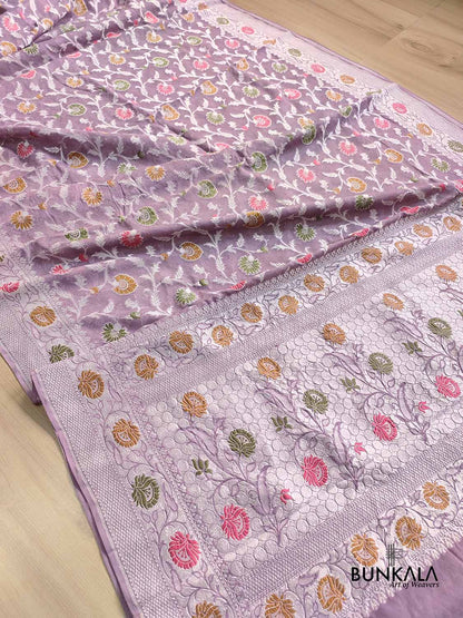 Lavender Meenakari Floral Jaal Silver Zari Handloom Banarasi Pure Georgette Silk Saree