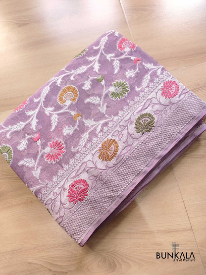 Lavender Meenakari Floral Jaal Silver Zari Handloom Banarasi Pure Georgette Silk Saree