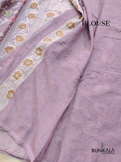 Lavender Meenakari Floral Jaal Silver Zari Handloom Banarasi Pure Georgette Silk Saree