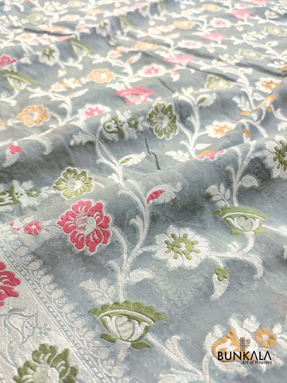 Grey Meenakari Floral Jaal Silver Zari Handloom Banarasi Pure Georgette Silk Saree