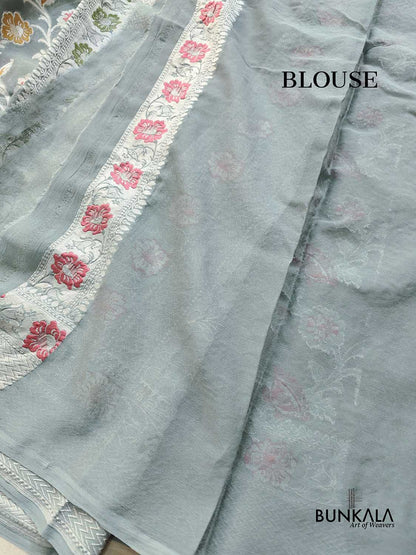 Grey Meenakari Floral Jaal Silver Zari Handloom Banarasi Pure Georgette Silk Saree