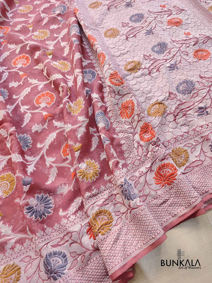 Peach Meenakari Floral Jaal Silver Zari Handloom Banarasi Pure Georgette Silk Saree