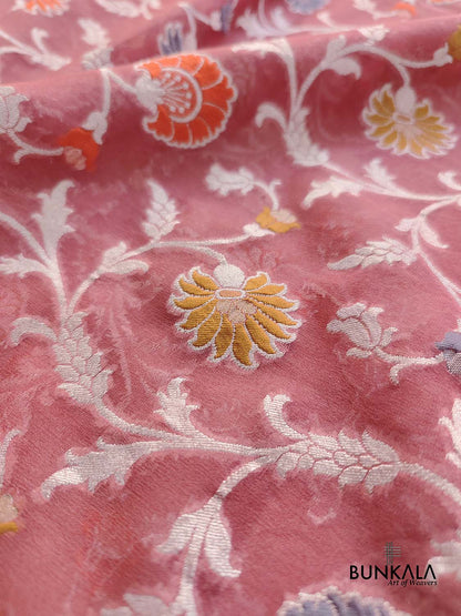 Peach Meenakari Floral Jaal Silver Zari Handloom Banarasi Pure Georgette Silk Saree