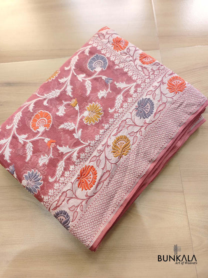 Peach Meenakari Floral Jaal Silver Zari Handloom Banarasi Pure Georgette Silk Saree