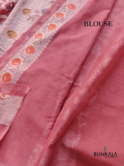 Peach Meenakari Floral Jaal Silver Zari Handloom Banarasi Pure Georgette Silk Saree