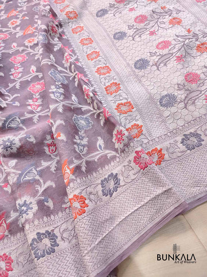 Nude Purple Meenakari Floral Jaal Silver Zari Handloom Banarasi Pure Georgette Silk Saree