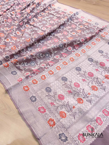 Nude Purple Meenakari Floral Jaal Silver Zari Handloom Banarasi Pure Georgette Silk Saree