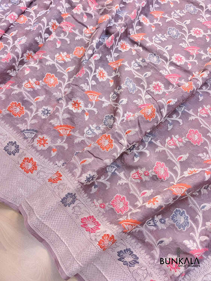 Nude Purple Meenakari Floral Jaal Silver Zari Handloom Banarasi Pure Georgette Silk Saree