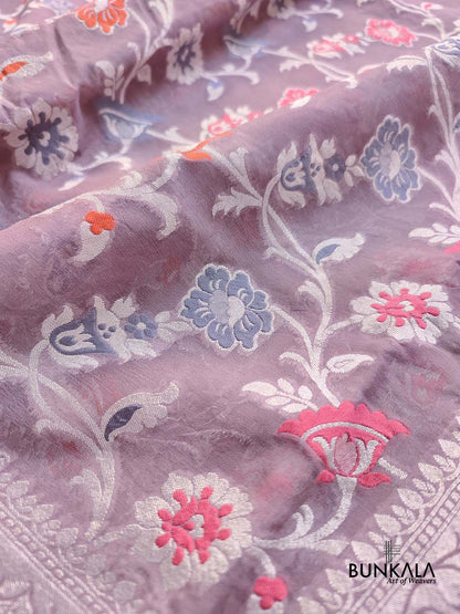 Nude Purple Meenakari Floral Jaal Silver Zari Handloom Banarasi Pure Georgette Silk Saree