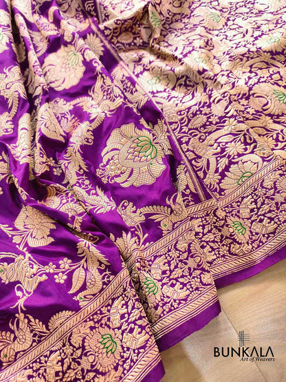 Purple Heritage Figure Motif Banarasi Pure Katan Silk Saree