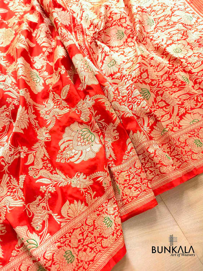 Orange Heritage Figure Motif Banarasi Pure Katan Silk Saree