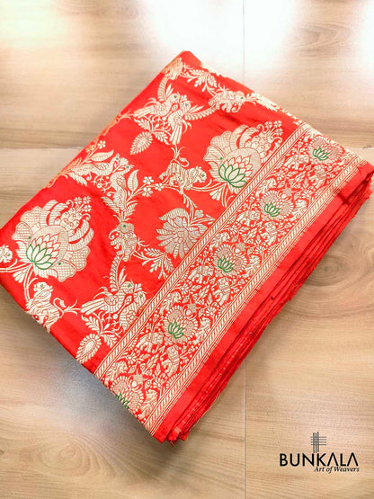 Orange Heritage Figure Motif Banarasi Pure Katan Silk Saree