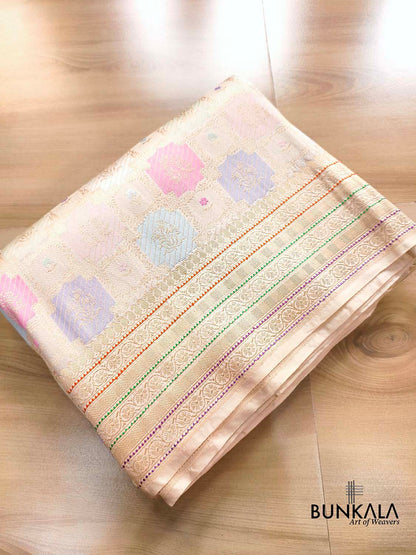 Off White Rangkat Kadwa Weaved Banarasi Pure Katan Silk Saree