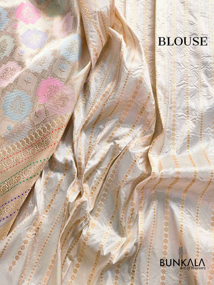 Off White Rangkat Kadwa Weaved Banarasi Pure Katan Silk Saree