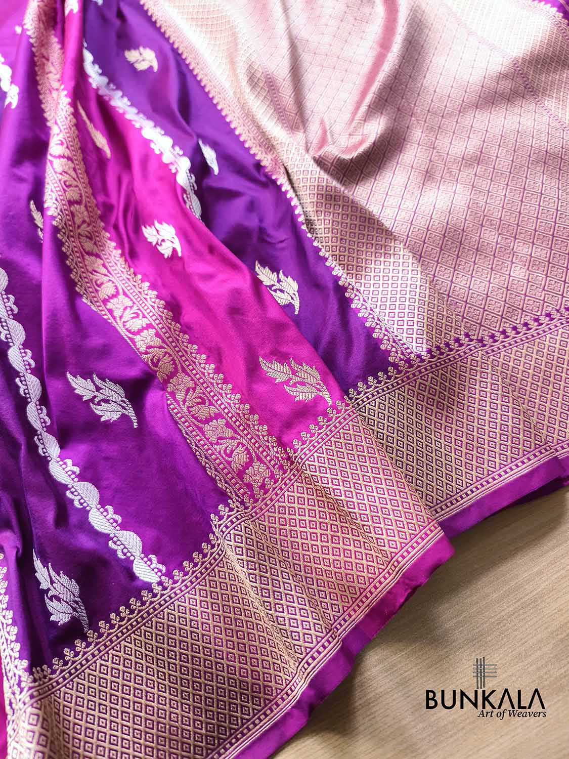Purple & Pink Rangkat Stripe Buti Sona Rupa Kadwa Weaved Banarasi Pure Katan Silk Saree