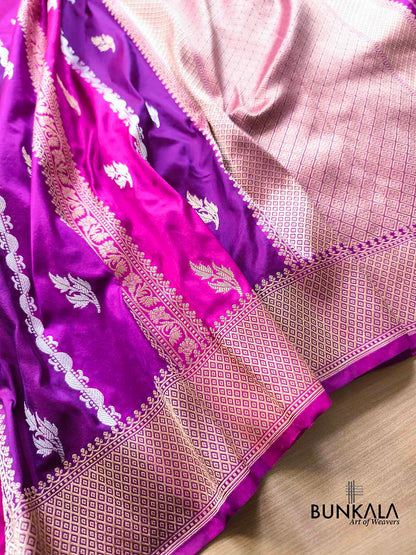Purple & Pink Rangkat Stripe Buti Sona Rupa Kadwa Weaved Banarasi Pure Katan Silk Saree