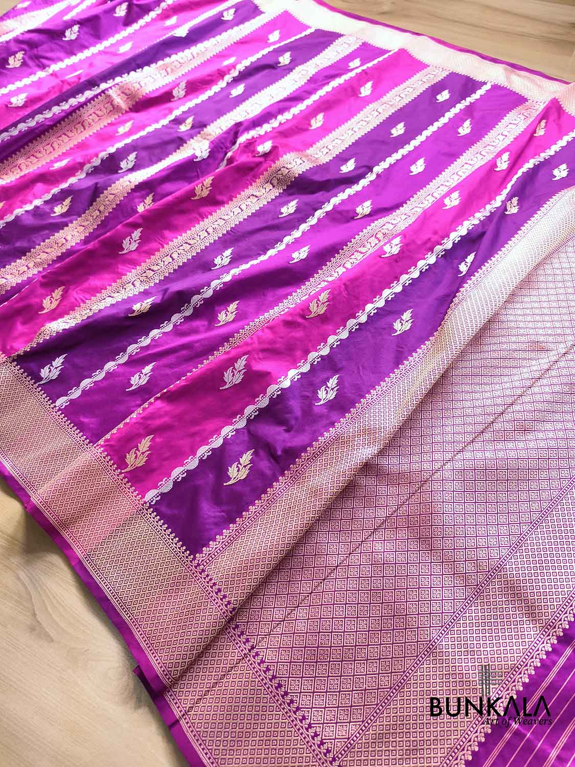 Purple & Pink Rangkat Stripe Buti Sona Rupa Kadwa Weaved Banarasi Pure Katan Silk Saree