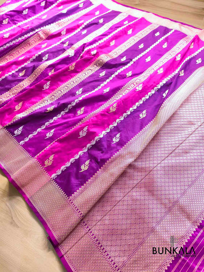 Purple & Pink Rangkat Stripe Buti Sona Rupa Kadwa Weaved Banarasi Pure Katan Silk Saree