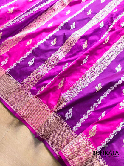 Purple & Pink Rangkat Stripe Buti Sona Rupa Kadwa Weaved Banarasi Pure Katan Silk Saree