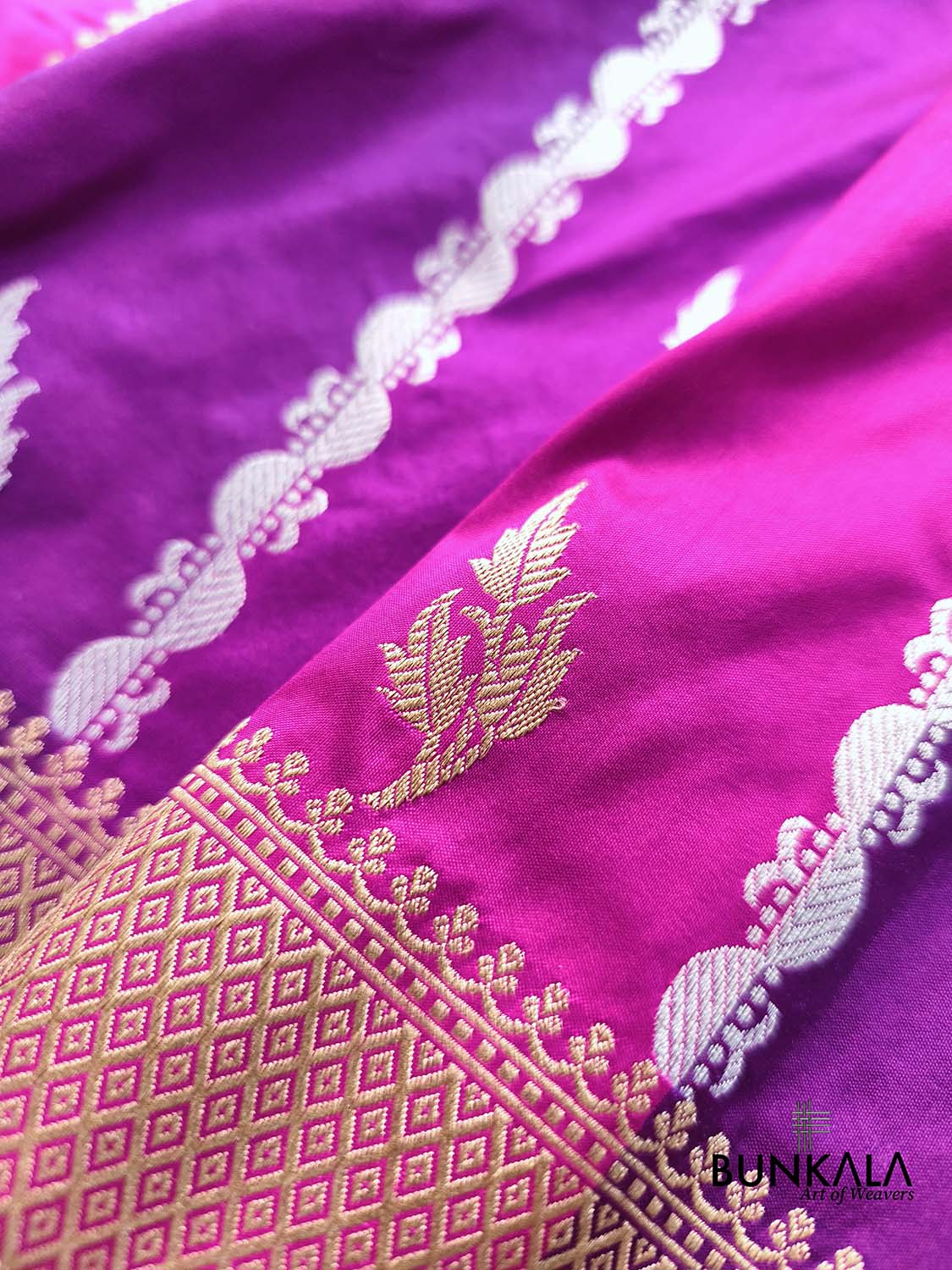 Purple & Pink Rangkat Stripe Buti Sona Rupa Kadwa Weaved Banarasi Pure Katan Silk Saree