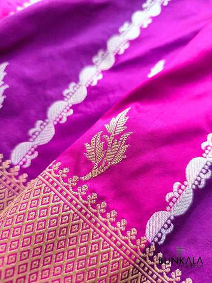 Purple & Pink Rangkat Stripe Buti Sona Rupa Kadwa Weaved Banarasi Pure Katan Silk Saree