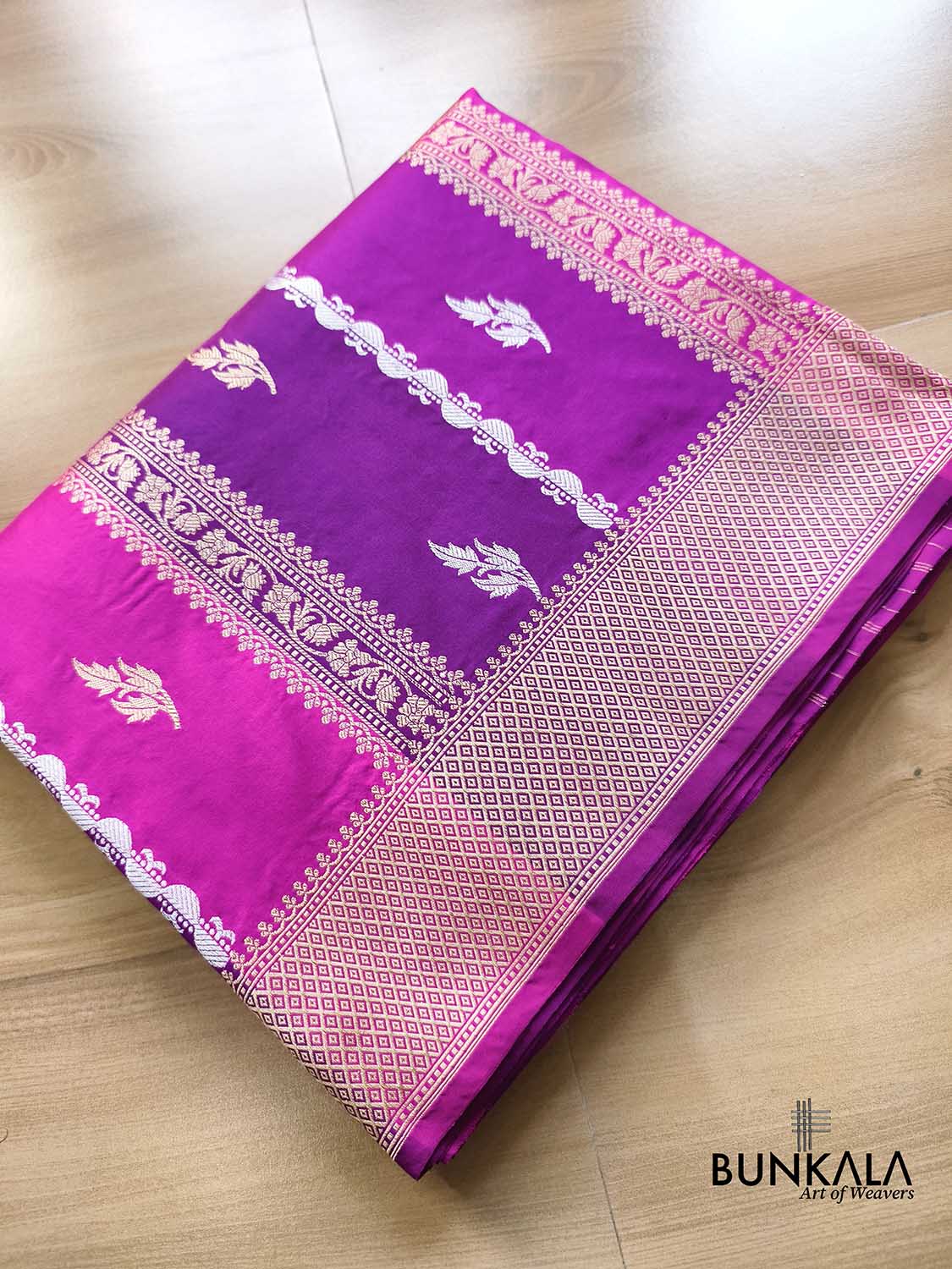 Purple & Pink Rangkat Stripe Buti Sona Rupa Kadwa Weaved Banarasi Pure Katan Silk Saree