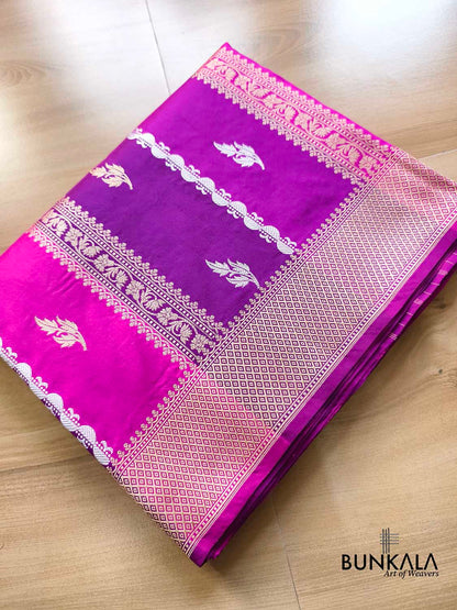 Purple & Pink Rangkat Stripe Buti Sona Rupa Kadwa Weaved Banarasi Pure Katan Silk Saree
