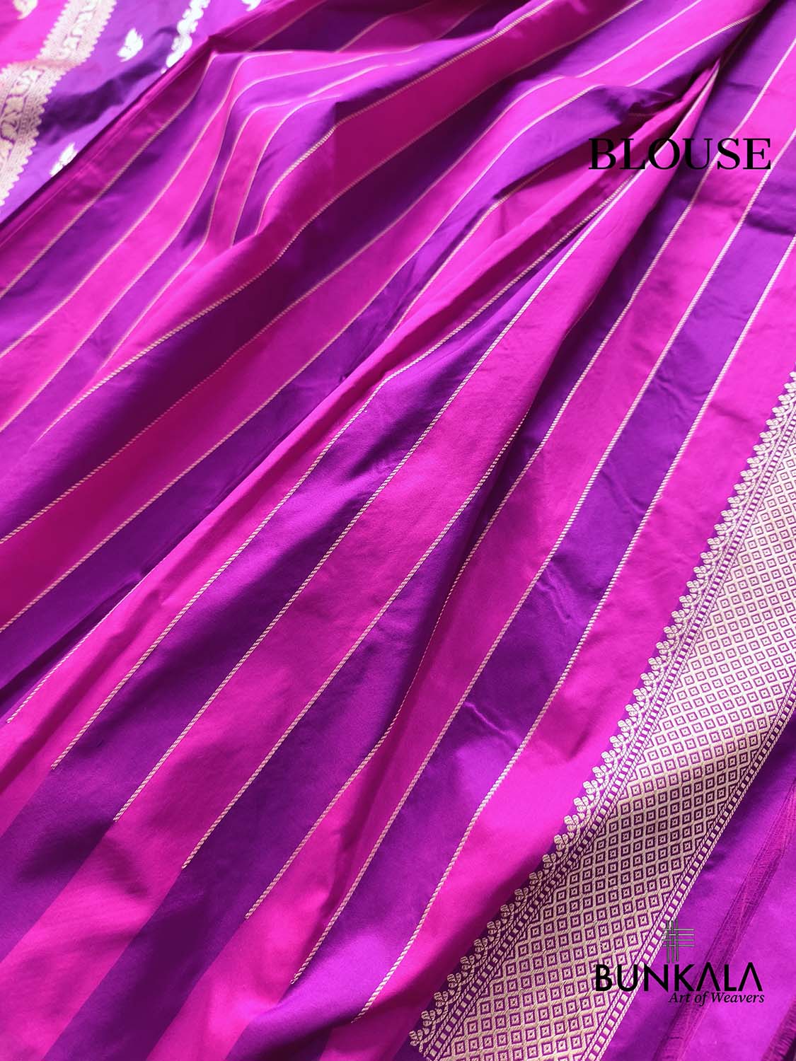 Purple & Pink Rangkat Stripe Buti Sona Rupa Kadwa Weaved Banarasi Pure Katan Silk Saree
